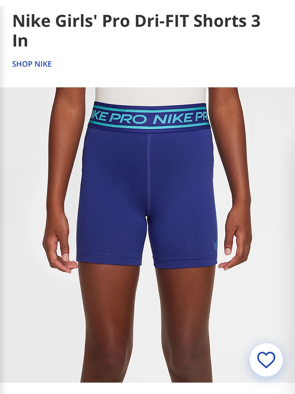 Nike Pro Deep Blue Girls' Bike Shorts with Teal Logo Waistband